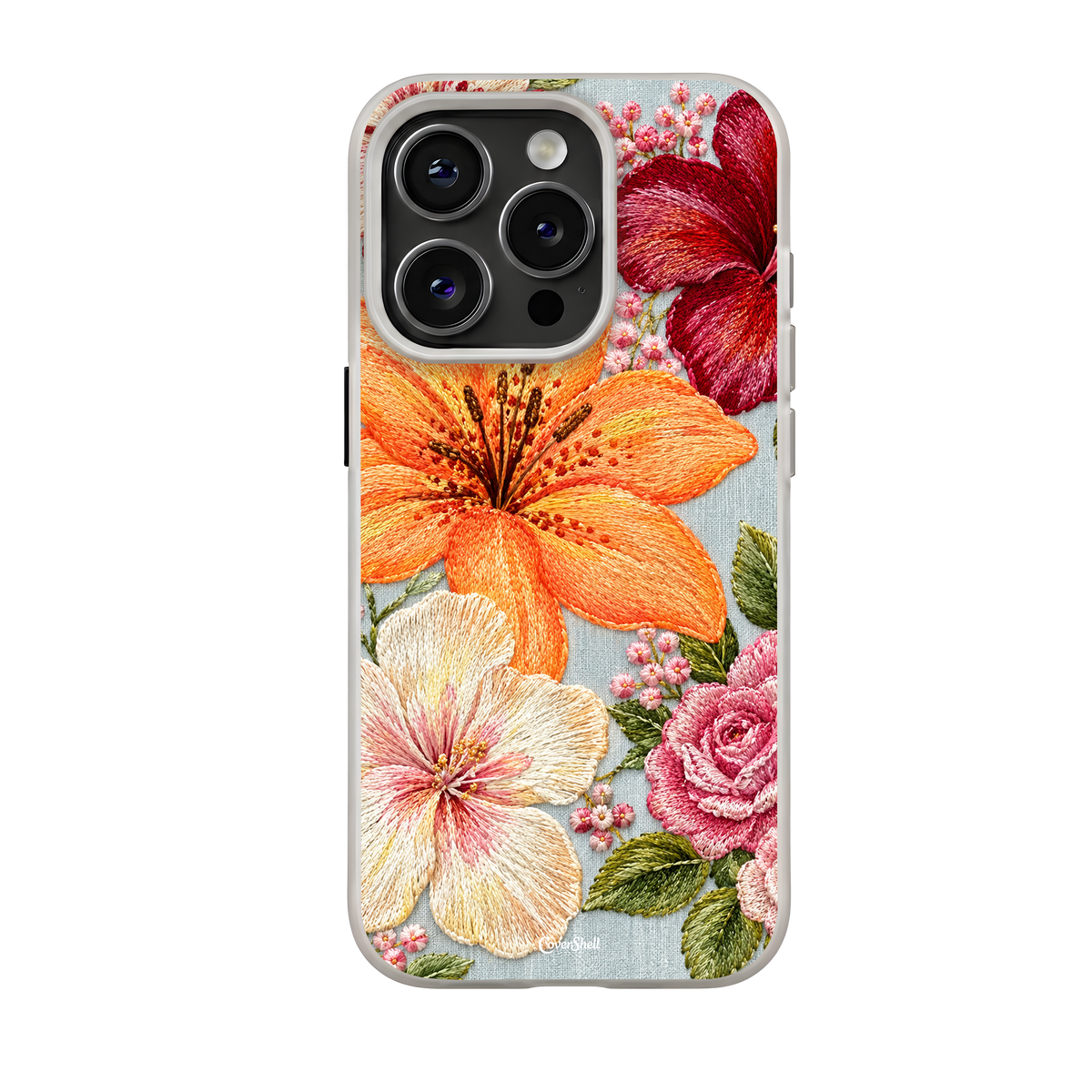 Bloom Affair floral iPhone case featuring colorful embroidery-inspired flowers — CoverShell.