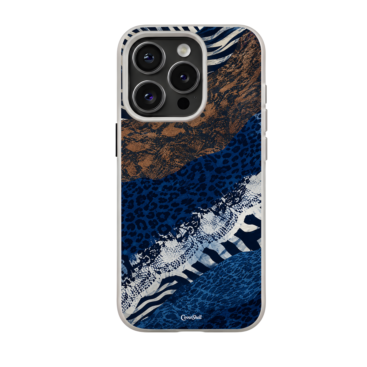 Blue Instinct cobalt blue iPhone case with leopard print, zebra stripes and bronze abstract textures - CoverShell.