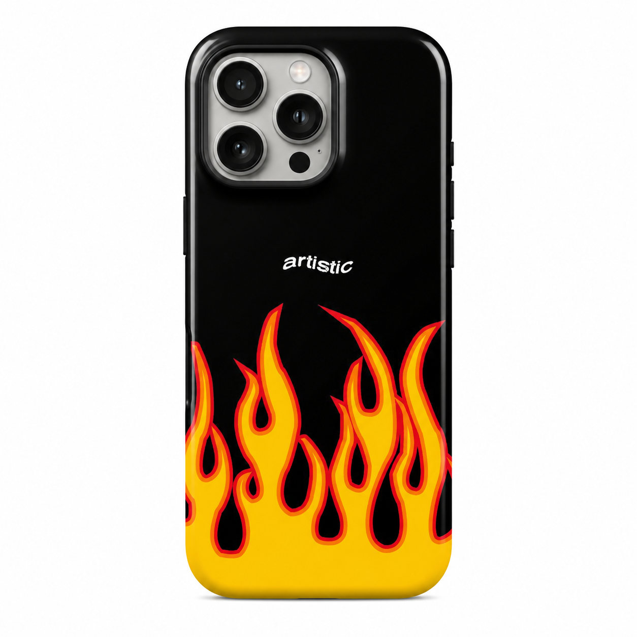 Premium iPhone case featuring bold red and yellow flames rising from the bottom on a sleek midnight black background.