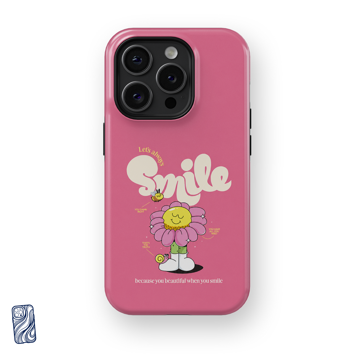 Always Smile Bubblegum Pink premium iPhone case front view with cheerful flower character