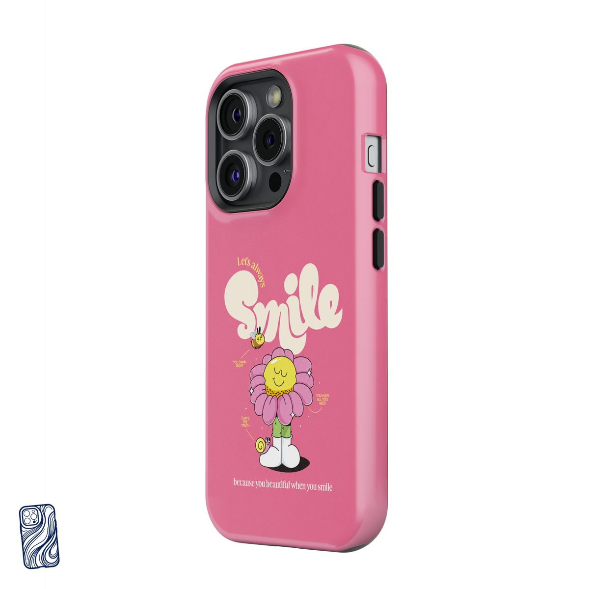 Always Smile Bubblegum Pink premium iPhone case side view showing camera and button protection