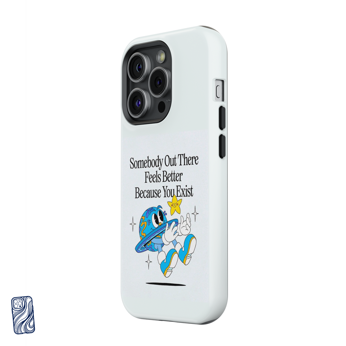 Angled view of CoverShell Because You Exist Cloud White iPhone case with playful planet and star artwork