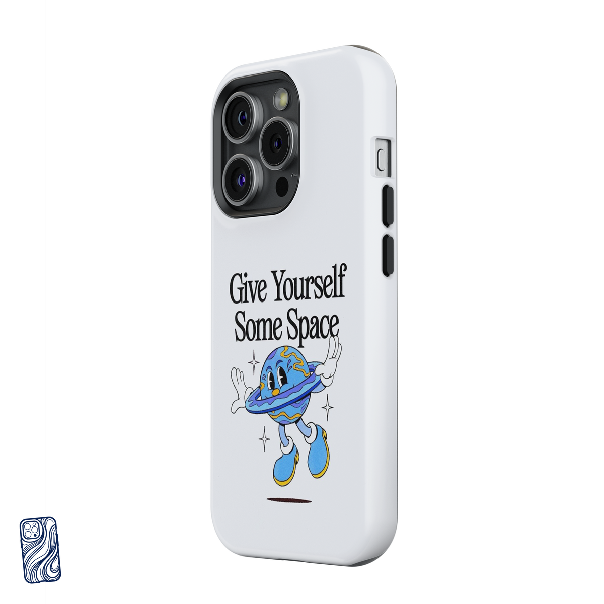 Angled view of CoverShell Some Space Cloud White iPhone case with retro planet character artwork
