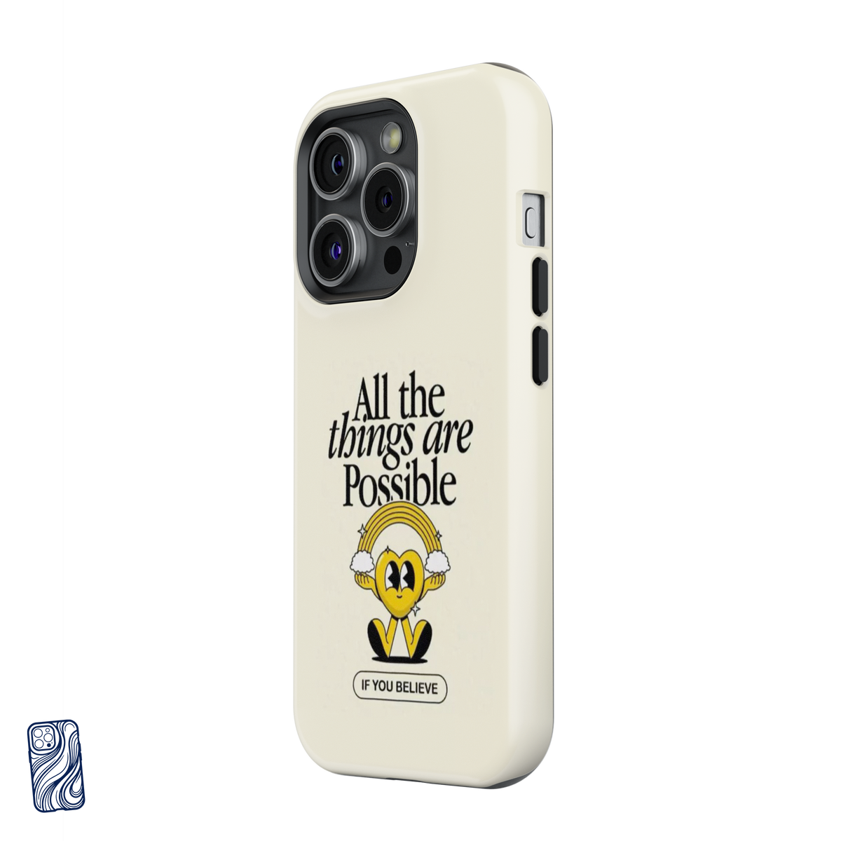 Angled view of CoverShell All Things Possible Vanilla Cream iPhone case with retro rainbow artwork