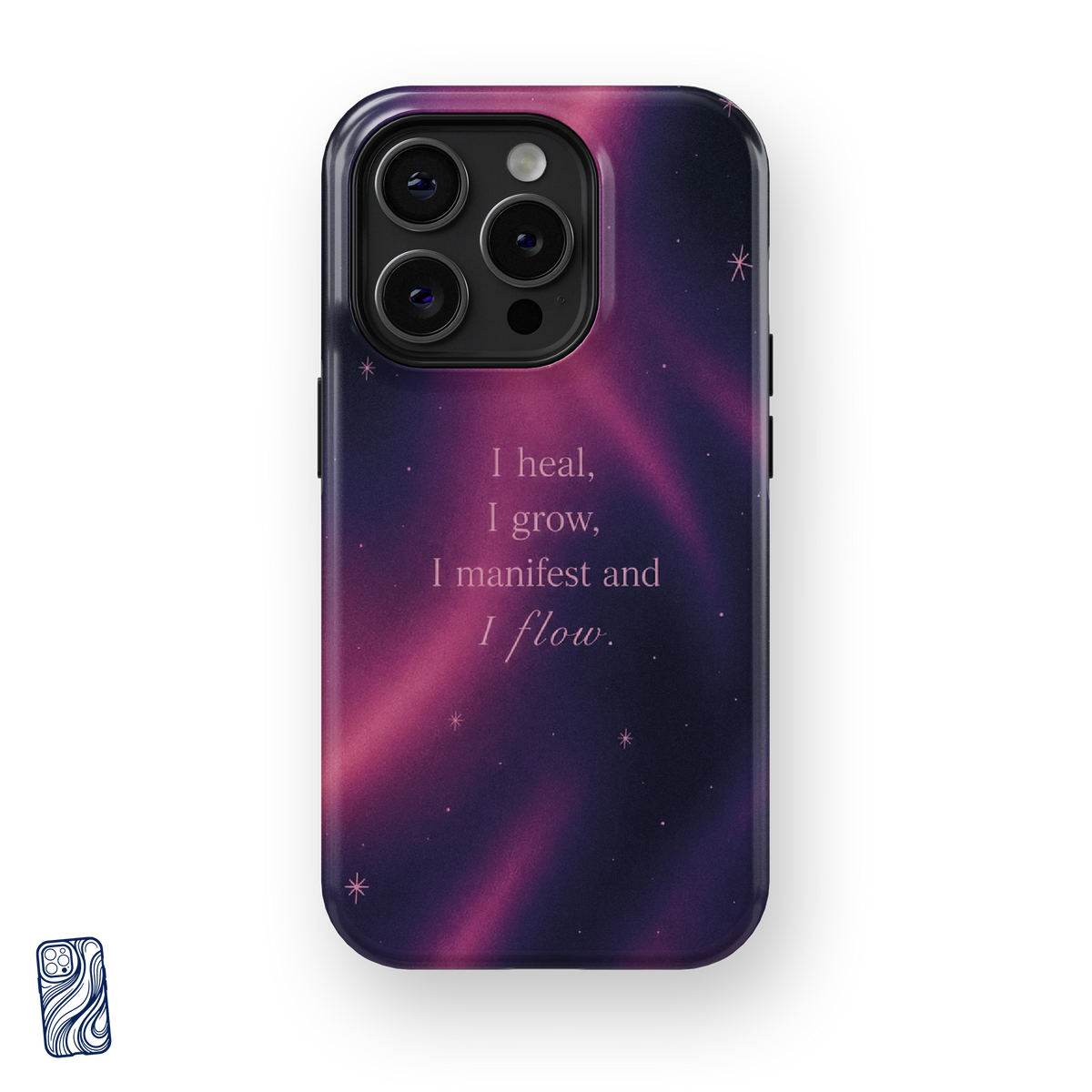 Heal, Grow & Flow Premium iPhone Case in Cosmic Berry with dreamy purple and pink celestial clouds, tiny stars, and a manifestation affirmation.