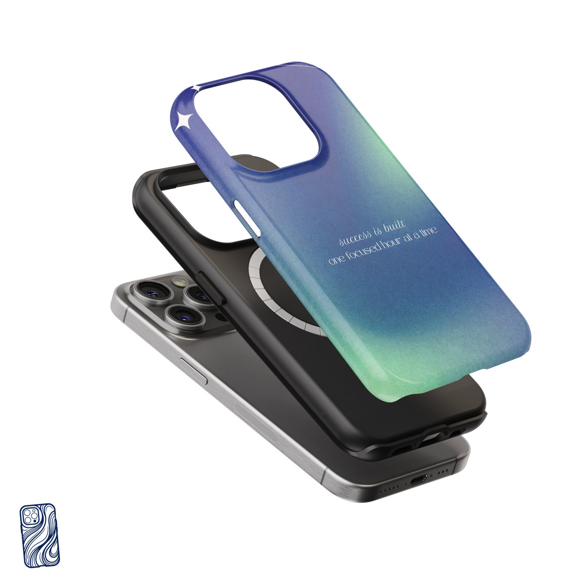 One Focused Hour Cosmic Teal premium iPhone case exploded view showing its protective inner layer