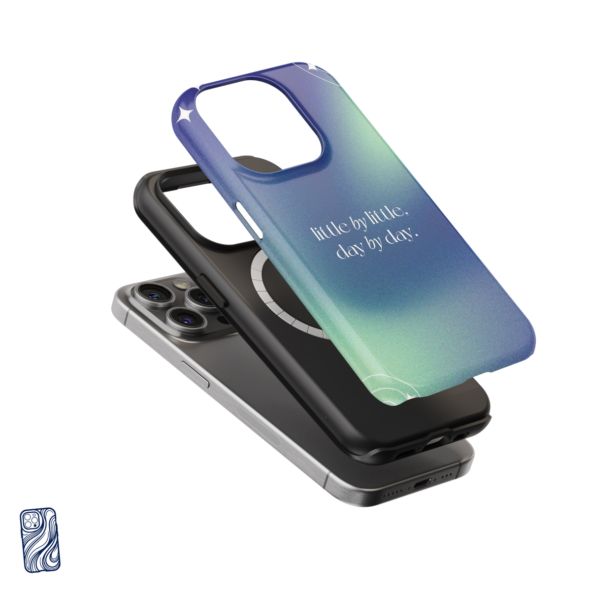 Little by Little Cosmic Mint premium iPhone case exploded view showing its protective inner layer