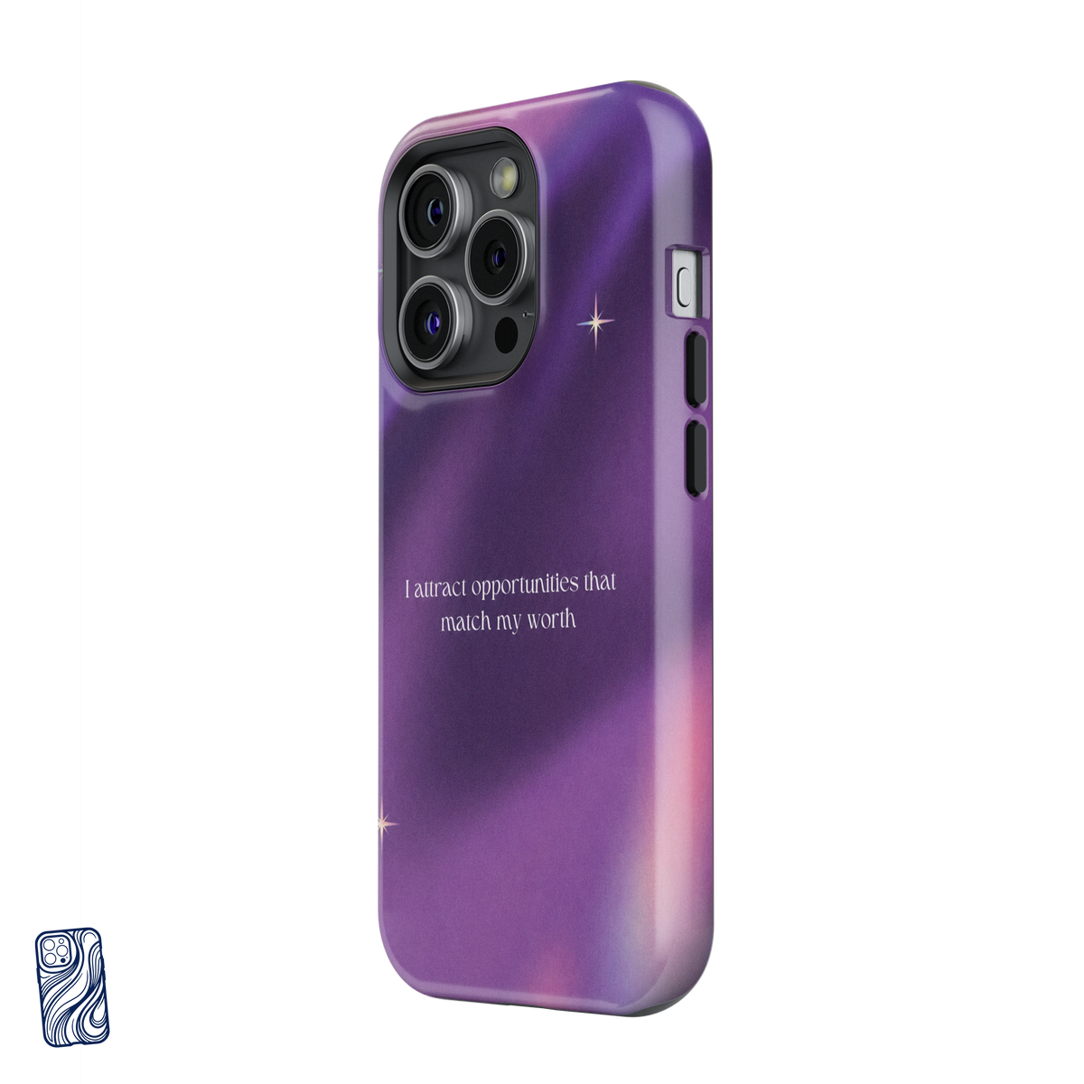 Match My Worth Cosmic Violet premium iPhone case side view showing camera and button protection