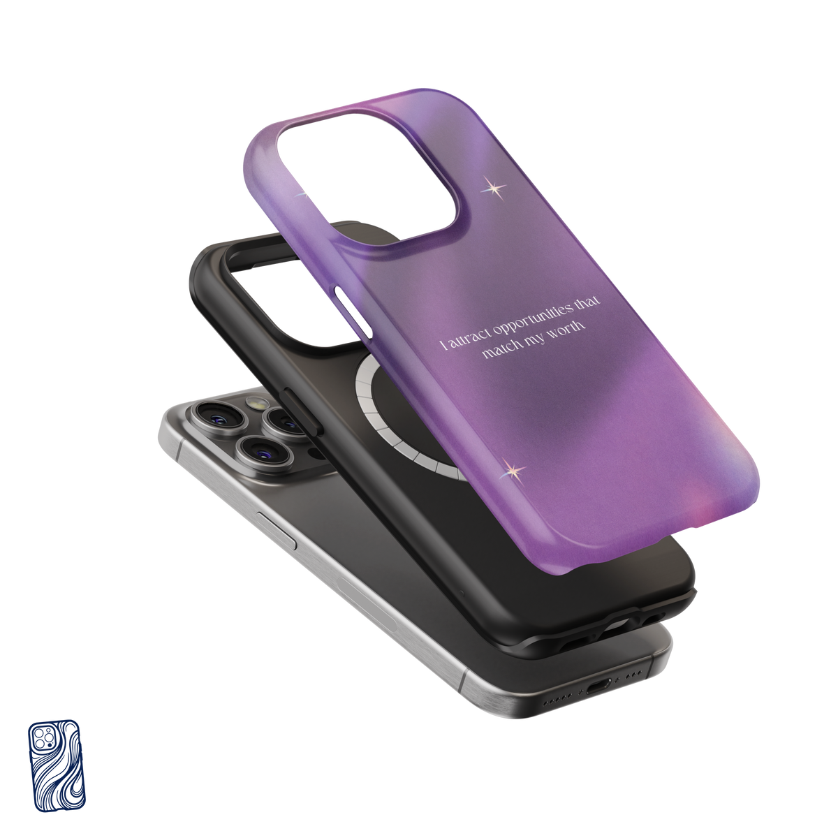 Match My Worth Cosmic Violet premium iPhone case exploded view showing its protective inner layer