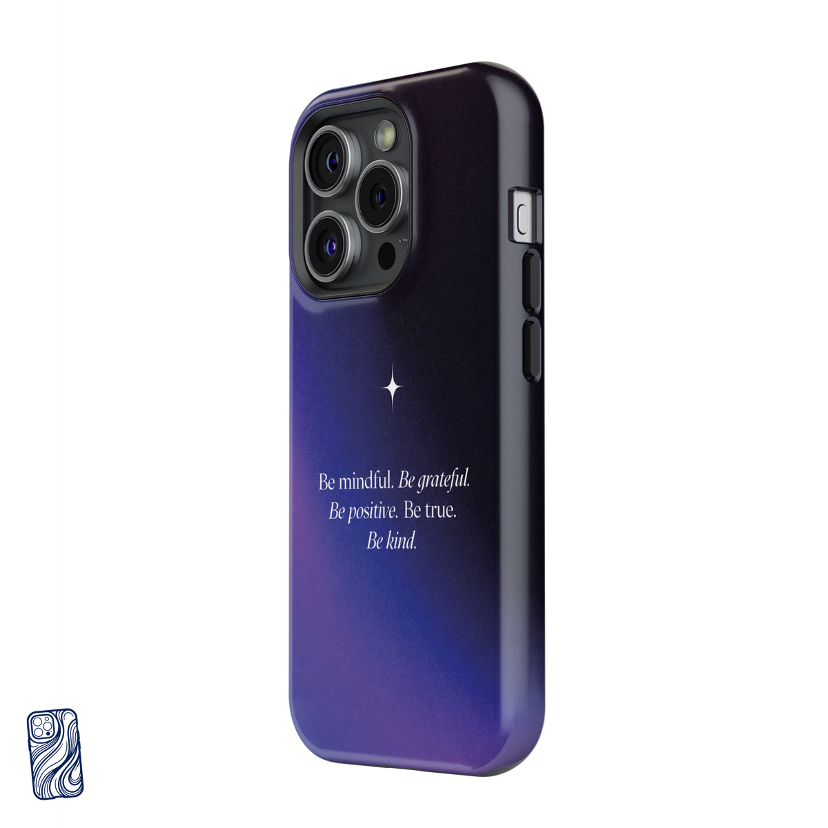 Be Mindful Cosmic Midnight premium iPhone case side view showing camera and button protection
