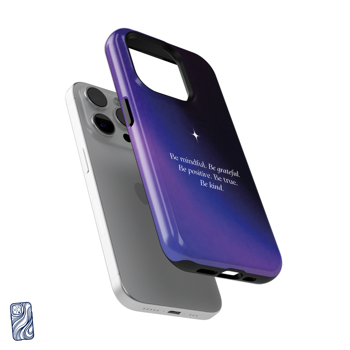 Be Mindful Cosmic Midnight premium iPhone case separated from the phone with reinforced camera frame