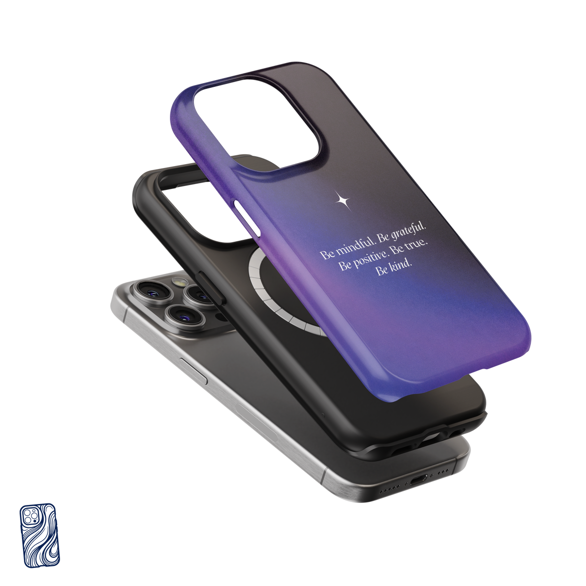Be Mindful Cosmic Midnight premium iPhone case exploded view showing its protective inner layer