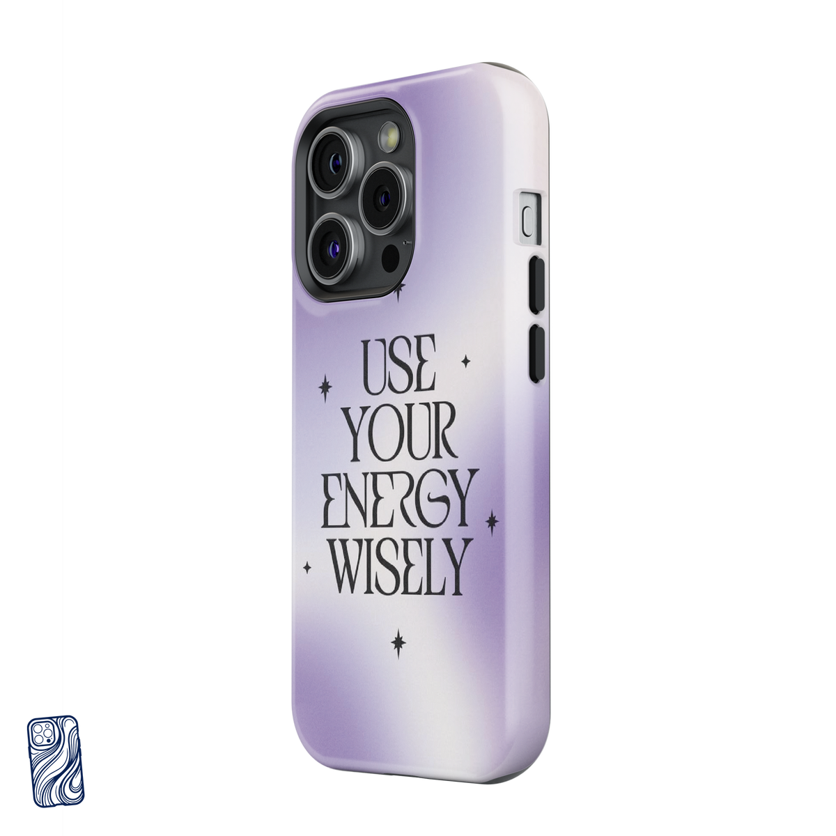 Use Your Energy Wisely Cosmic Pearl premium iPhone case side view showing camera and button protection