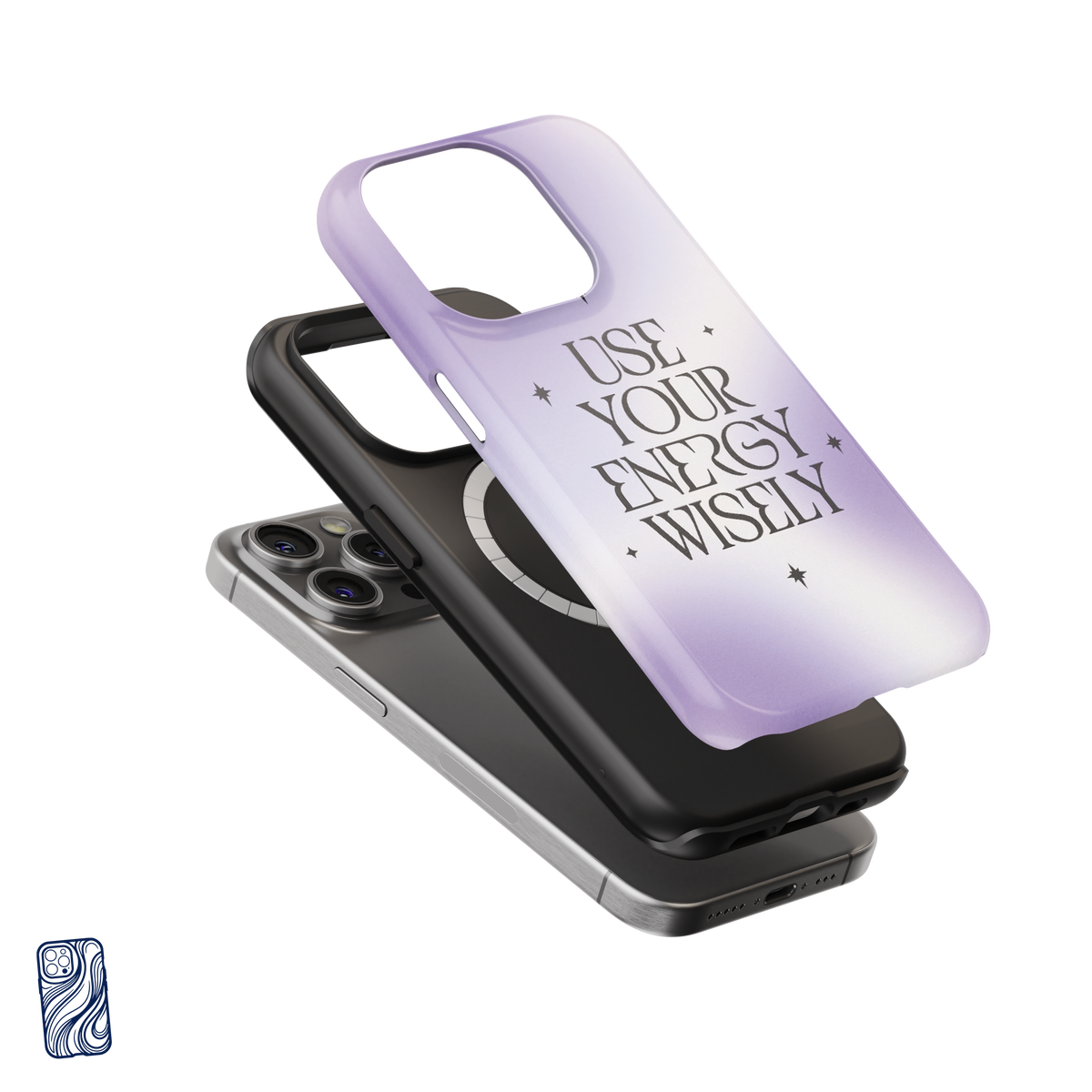Use Your Energy Wisely Cosmic Pearl premium iPhone case exploded view showing its protective inner layer