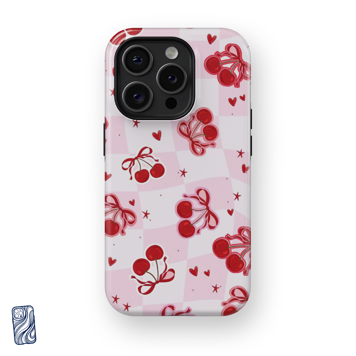 Cherry Kiss Blush Pink premium iPhone case featuring red cherries, bows, hearts and stars over a soft pink checkerboard pattern by CoverShell.