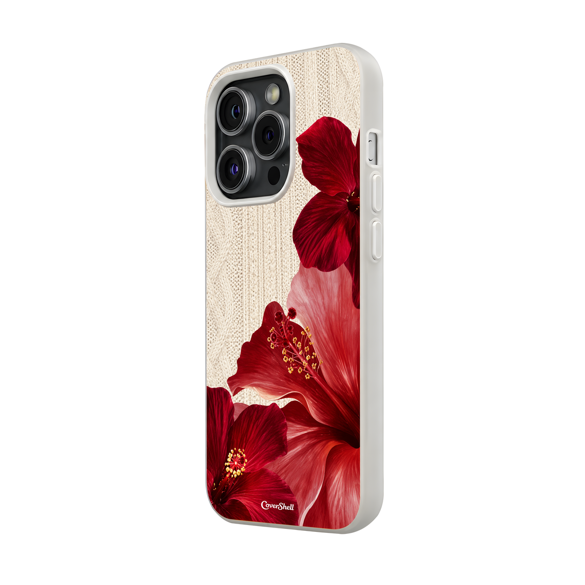 Angled view of Cozy Romance iPhone case showing vivid red and pink floral artwork, cream knit-inspired background and light-colored bumper.