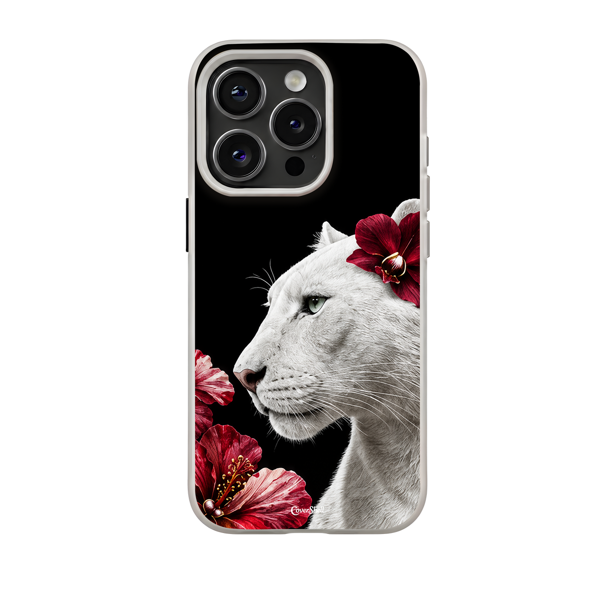 Ivory Instinct iPhone case featuring a white panther with pale-green eyes, surrounded by burgundy flowers on a black background — CoverShell.