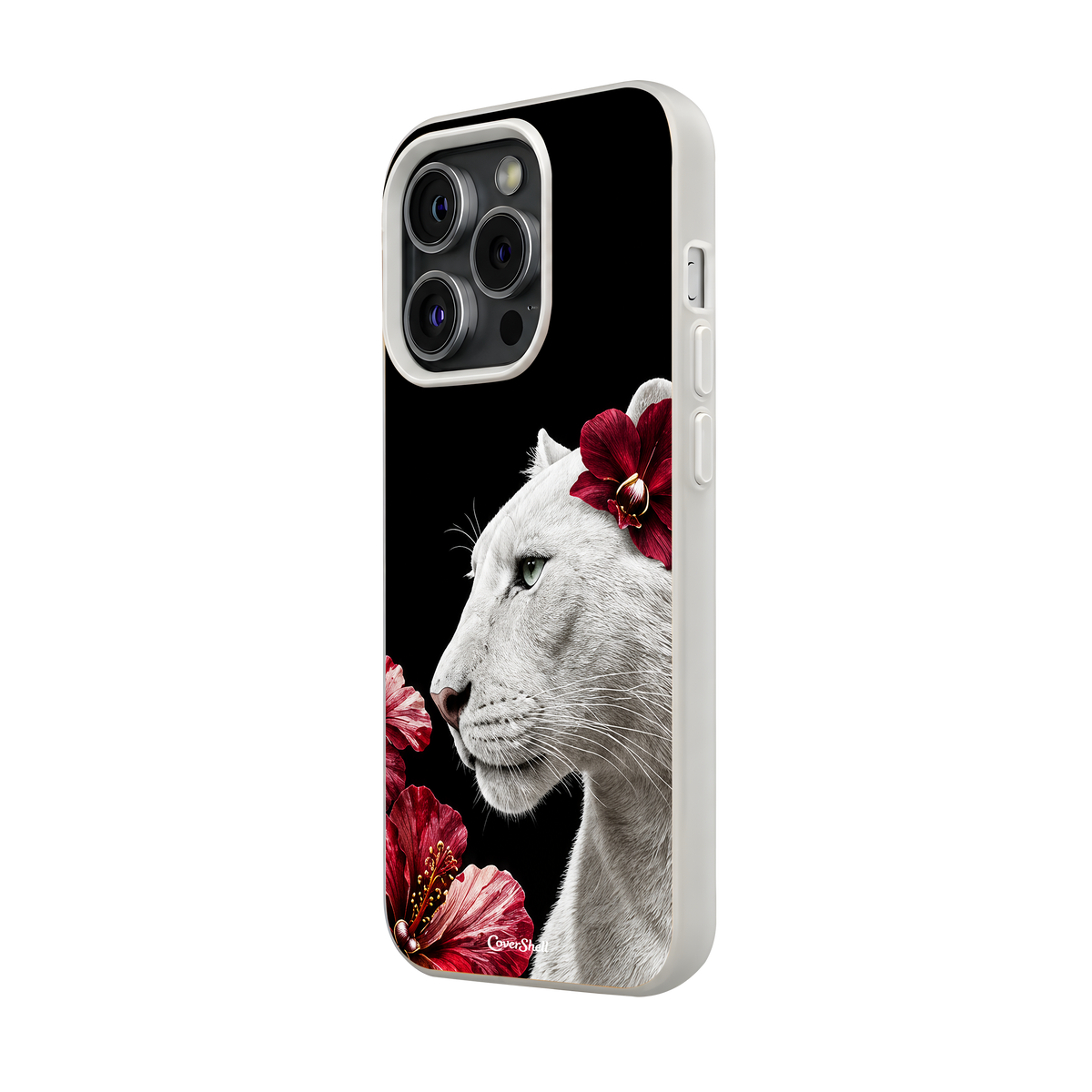 Ivory Instinct iPhone case featuring a white panther with pale-green eyes, surrounded by burgundy flowers on a black background — CoverShell.