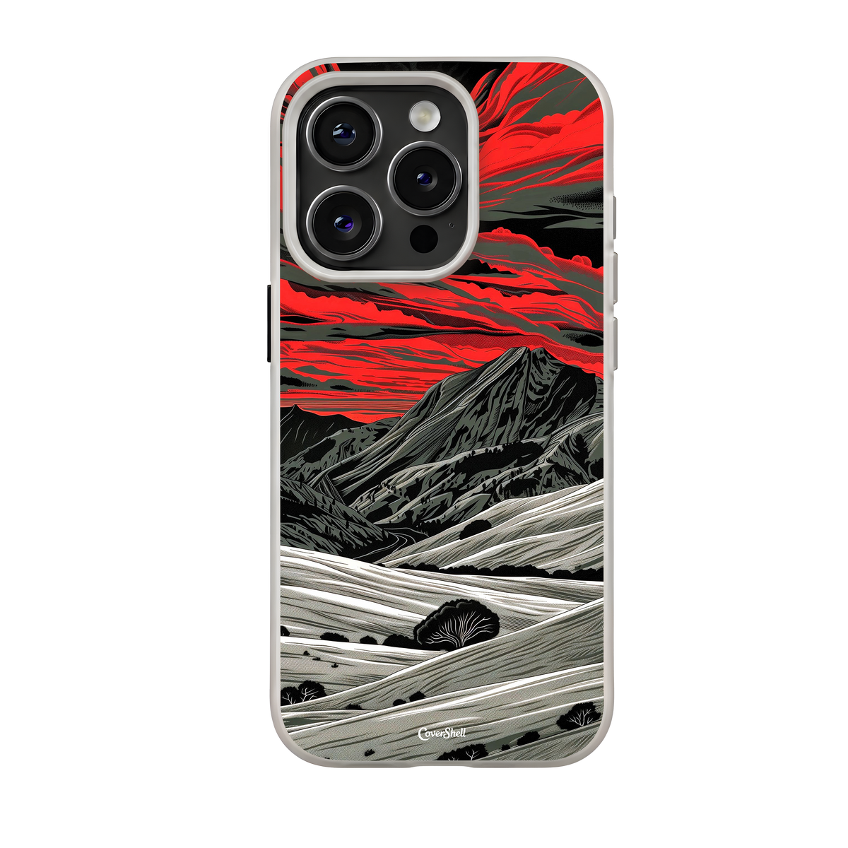 Red Horizon premium iPhone case by CoverShell featuring dramatic charcoal mountains, flowing silver-grey landscapes, and a vibrant crimson red sky in a Japanese-inspired illustration.