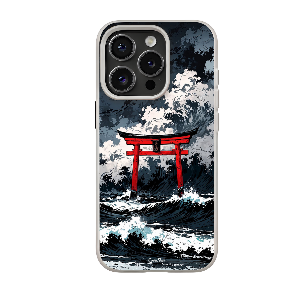 Stormgate premium iPhone case by CoverShell featuring a vibrant crimson red Japanese torii gate standing amid dramatic charcoal ocean waves, crashing white sea foam, and stormy grey skies.