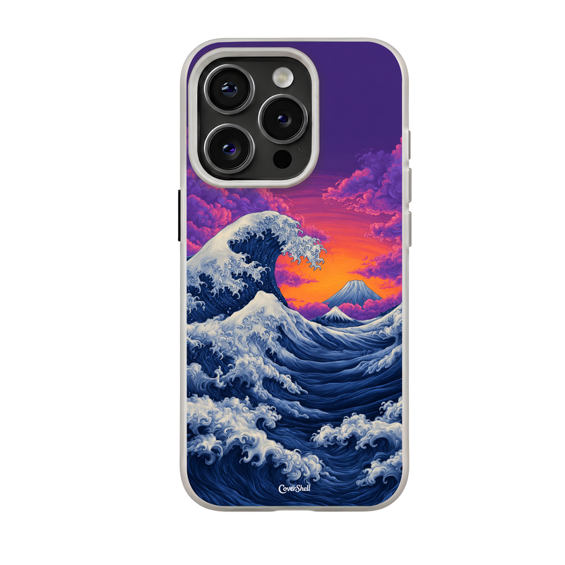 Sunset Tide premium iPhone case by CoverShell featuring dramatic deep-blue Japanese-inspired ocean waves, intricate white sea foam, distant mountains, and a vibrant orange sunset beneath violet and pink clouds.