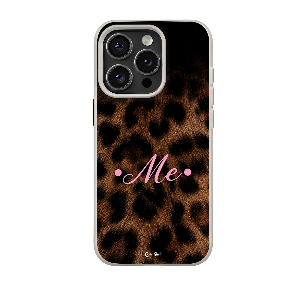 Wild About Me premium iPhone case featuring realistic brown-and-black leopard print, centered pink Me lettering and a light-colored bumper — CoverShell.