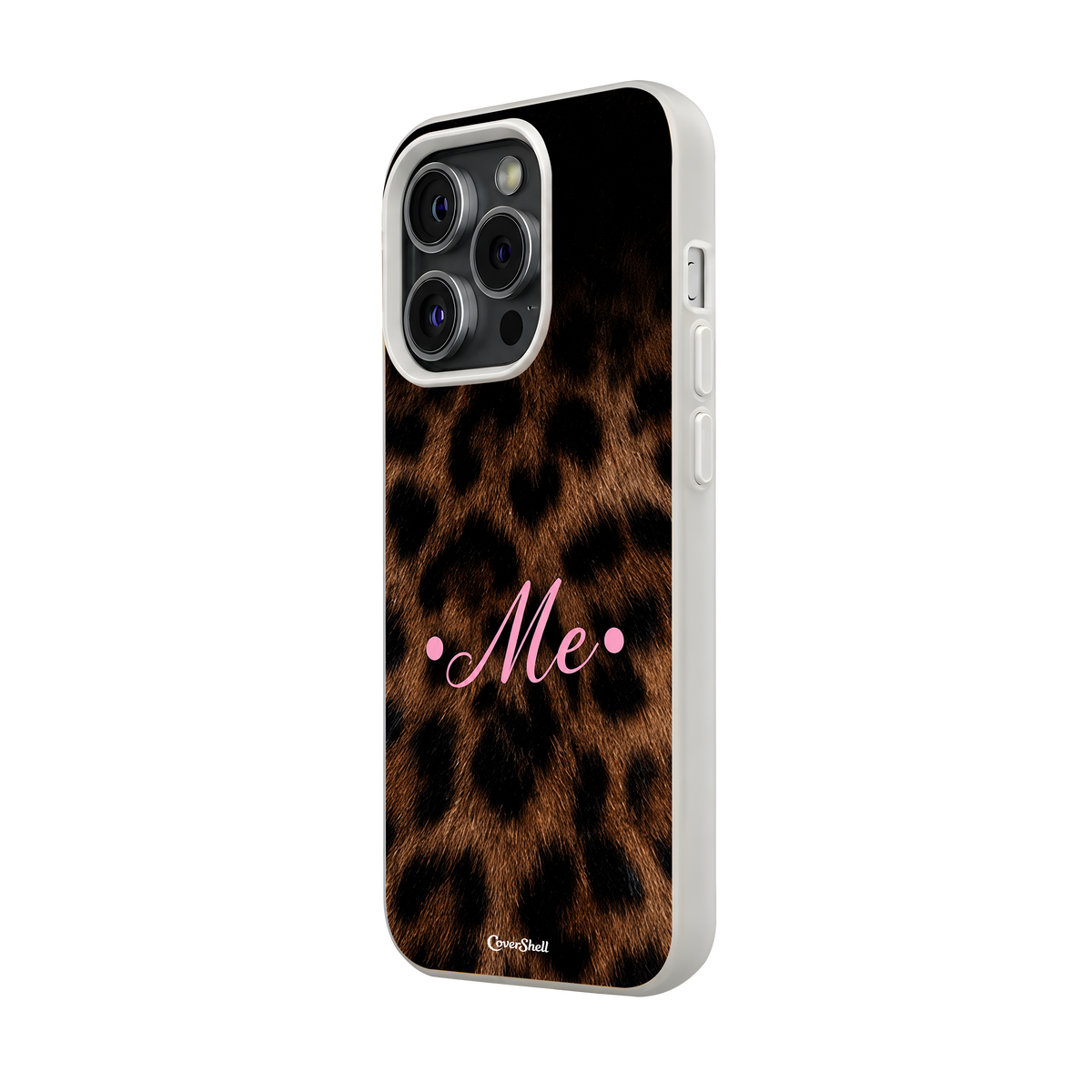 Angled view of Wild About Me iPhone case showing brown leopard-print artwork, pink cursive Me typography and light-colored protective edges.