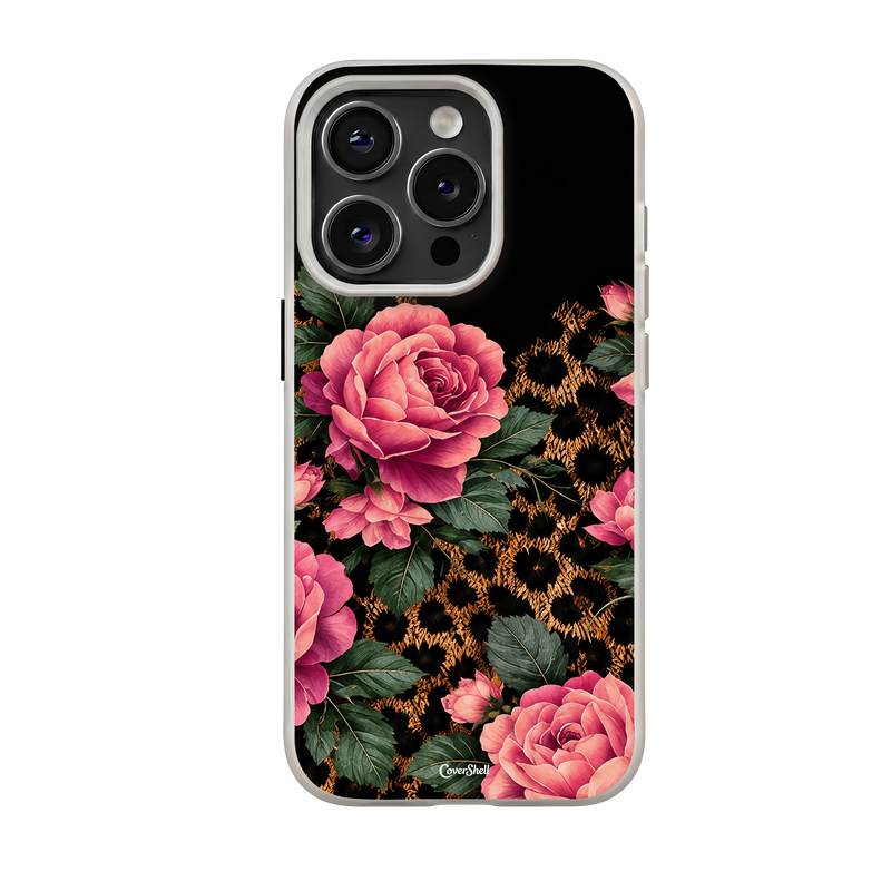 Wild Roses premium iPhone case by CoverShell featuring pink roses, dark green leaves and golden leopard-inspired pattern on a black background, front view.