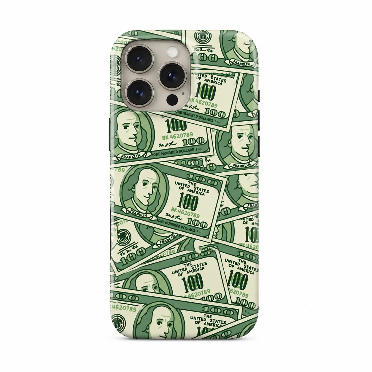 Premium iPhone case featuring an illustrated pattern of overlapping hundred-dollar bills in green tones, designed by CoverShell.