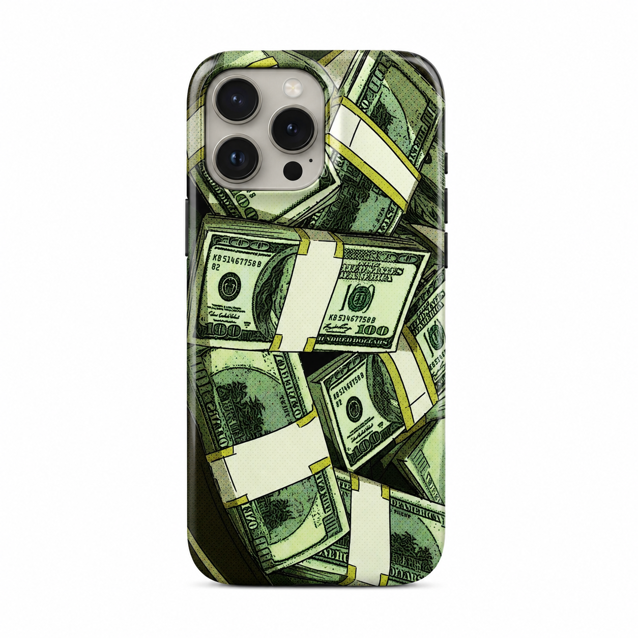 Premium iPhone case featuring illustrated bundles of hundred-dollar bills stacked across the entire case in green tones with a bold street-inspired aesthetic.