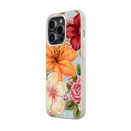 Bloom Affair premium iPhone case with colorful floral design, shown from an angled perspective.