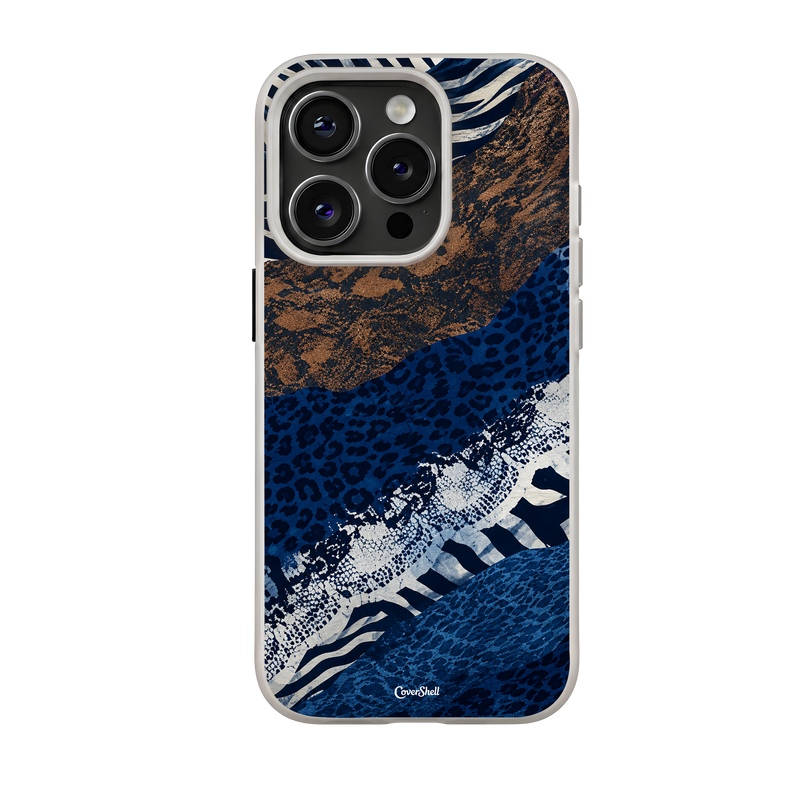 Blue Instinct cobalt blue iPhone case with leopard print, zebra stripes and bronze abstract textures - CoverShell.