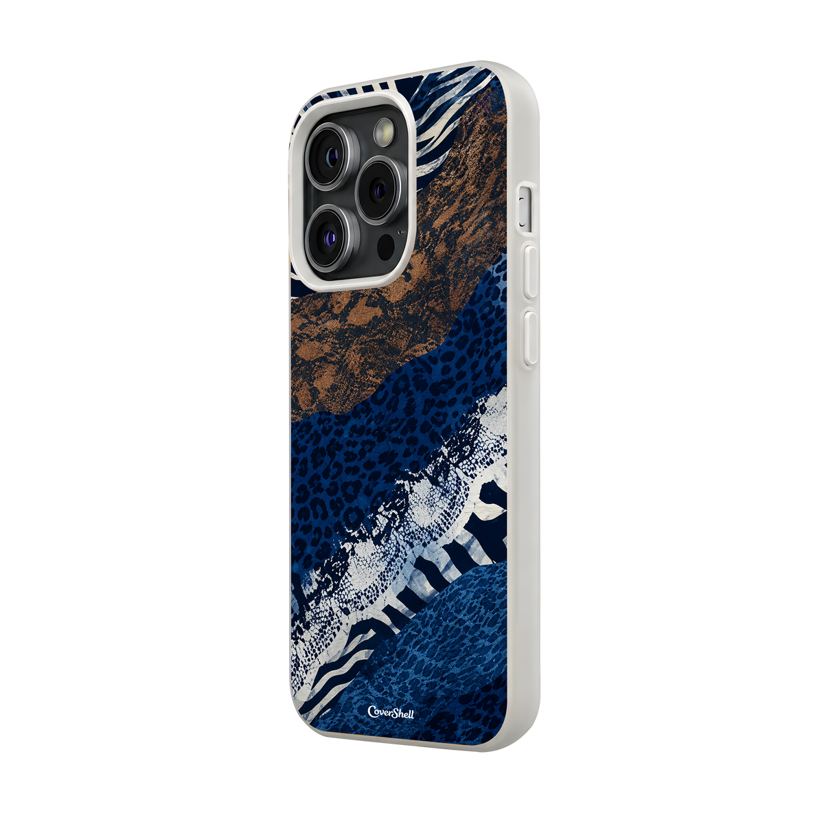 Blue Instinct premium iPhone case featuring a cobalt blue animal-print design, shown from an angled side view.