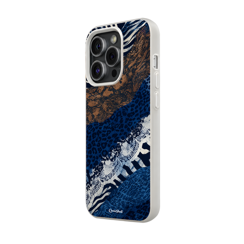 Blue Instinct premium iPhone case featuring a cobalt blue animal-print design, shown from an angled side view.
