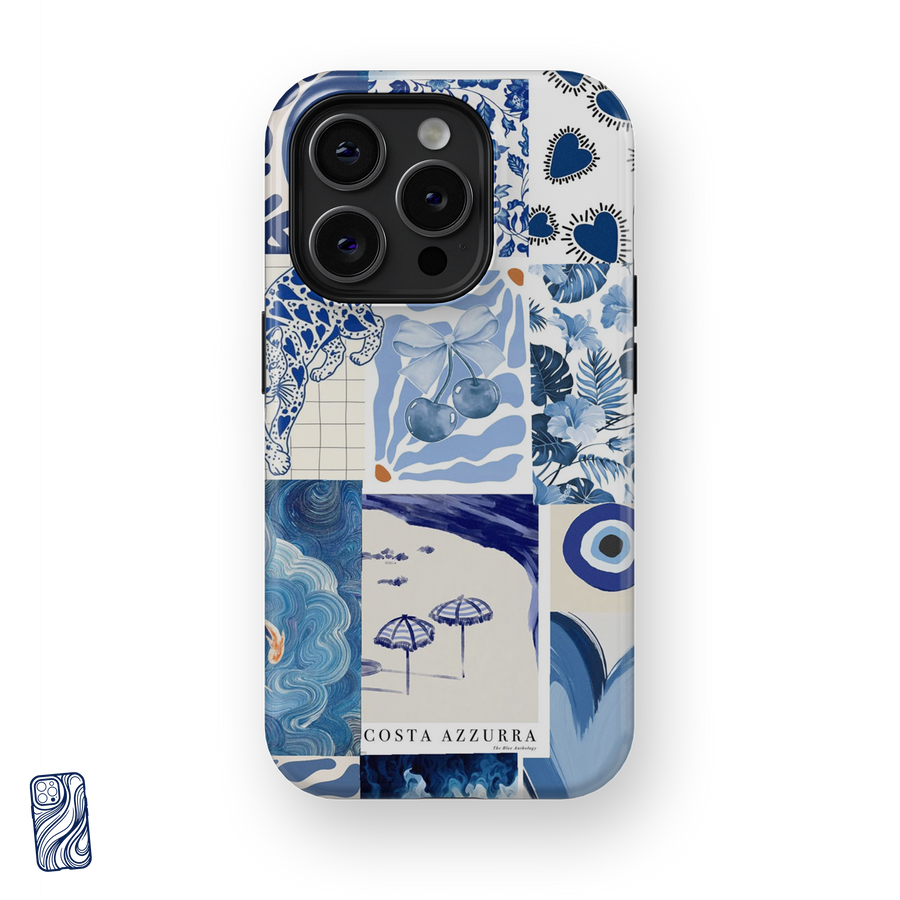 Azure Escape Mediterranean Blue premium iPhone case with blue coastal collage artwork