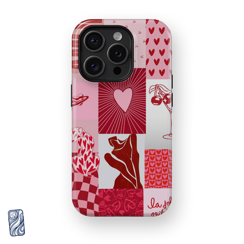 Amour Mood Cherry Pink premium iPhone case with pink and red heart collage design