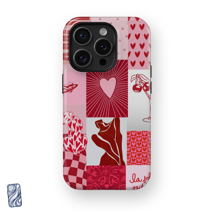 Amour Mood Cherry Pink premium iPhone case with pink and red heart collage design
