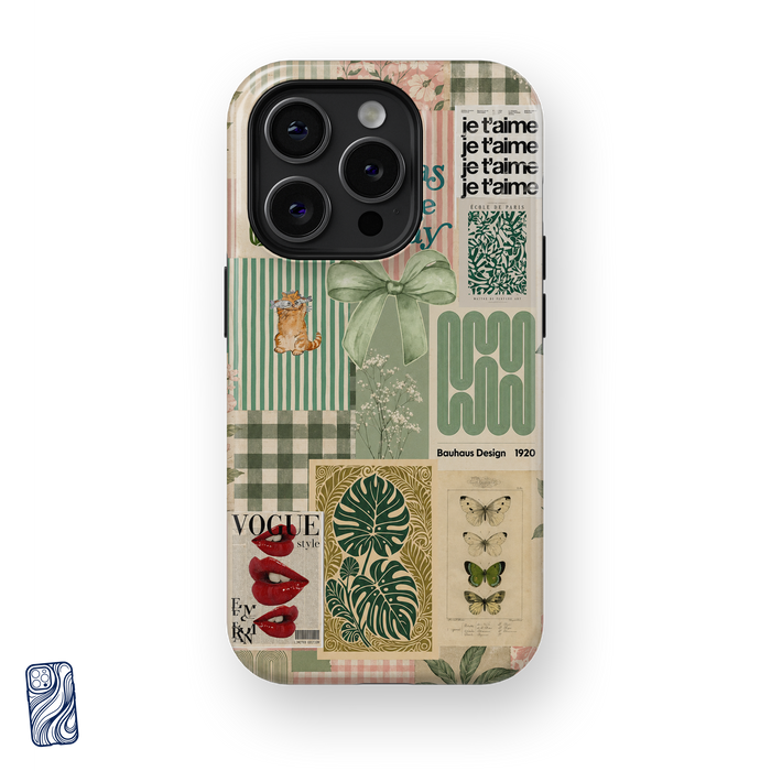 Je T’aime Sage premium iPhone case with vintage Parisian botanical collage design