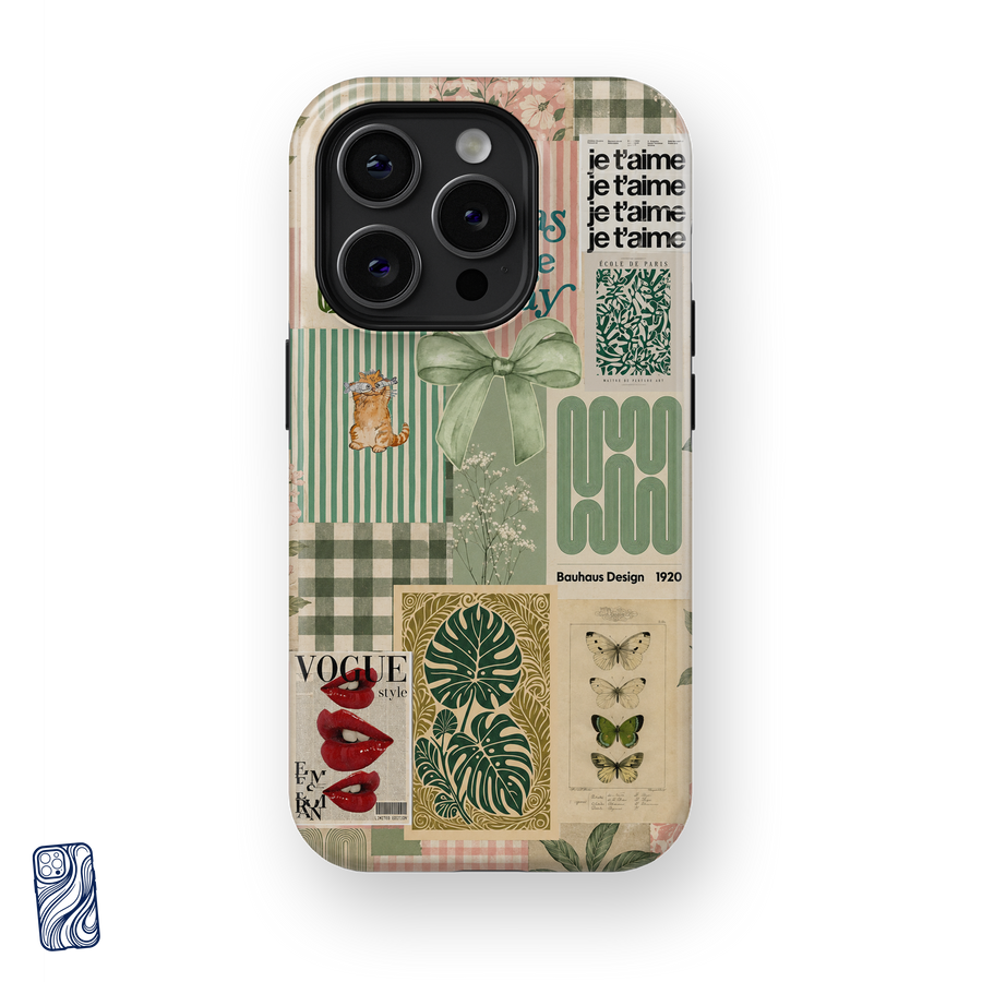 Je T’aime Sage premium iPhone case with vintage Parisian botanical collage design