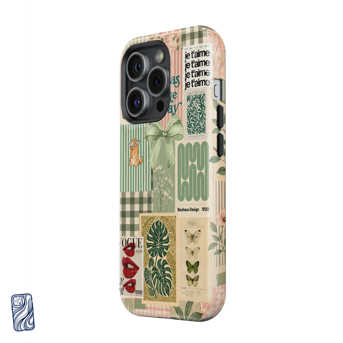 Je T’aime Sage iPhone case featuring green vintage collage, floral and French-inspired details