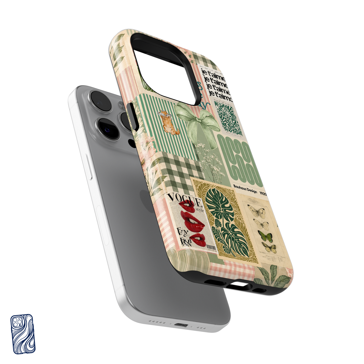 Premium sage green vintage collage iPhone case with botanical and Parisian aesthetic