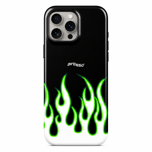 Premium iPhone case featuring glowing neon green flames on a sleek midnight black background with a cyber-inspired streetwear aesthetic.