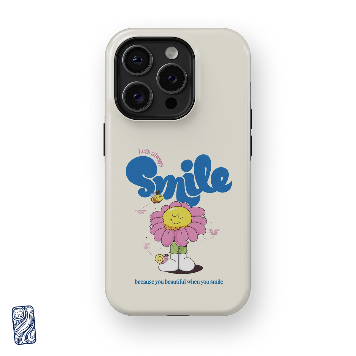 Always Smile Vanilla premium iPhone case front view with cheerful flower character