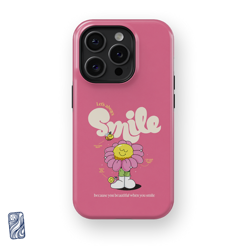 Always Smile Bubblegum Pink premium iPhone case front view with cheerful flower character