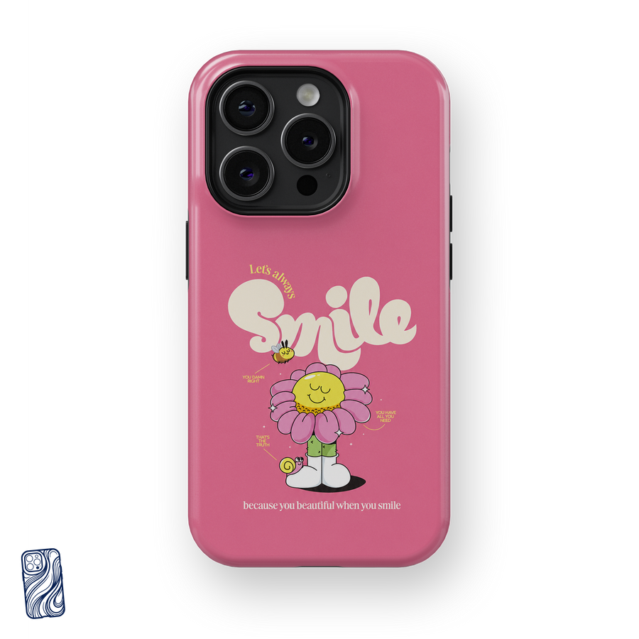 Always Smile Bubblegum Pink premium iPhone case front view with cheerful flower character