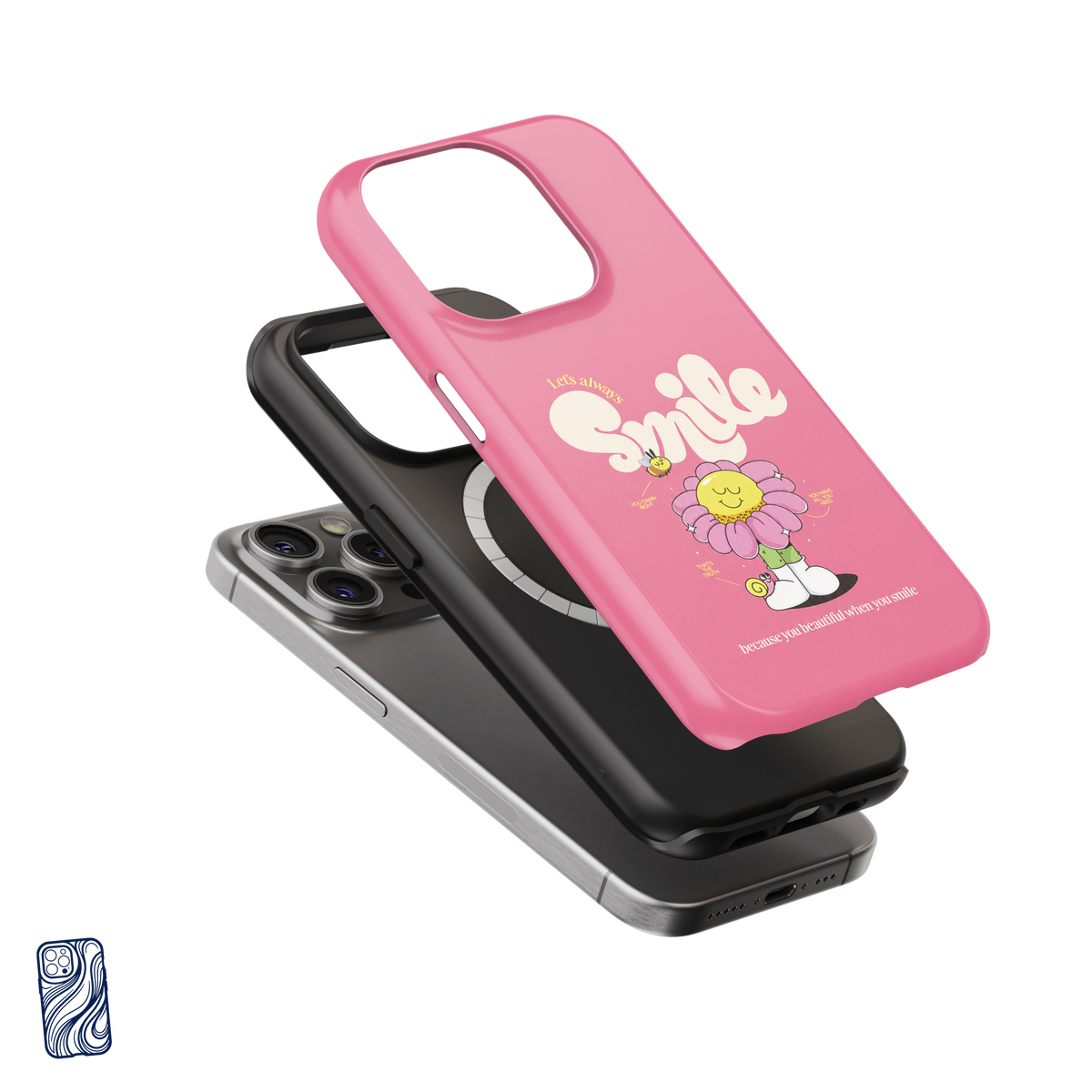 Always Smile Bubblegum Pink premium iPhone case exploded view showing its protective inner layer