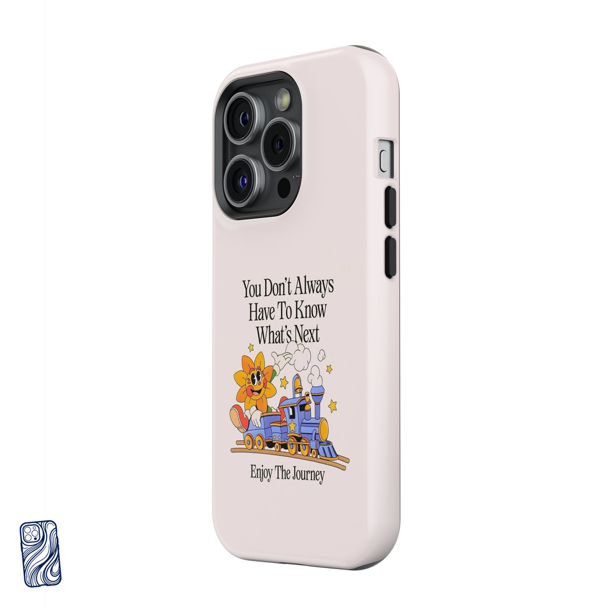 Angled view of CoverShell Enjoy The Journey Soft Blush iPhone case with retro flower and train artwork