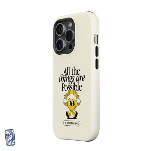 Angled view of CoverShell All Things Possible Vanilla Cream iPhone case with retro rainbow artwork