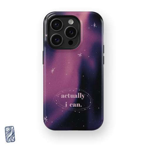 Cosmic Pink Premium iPhone Case featuring dreamy pink and midnight purple gradients, delicate celestial stars, and the affirmation “actually, i can.”