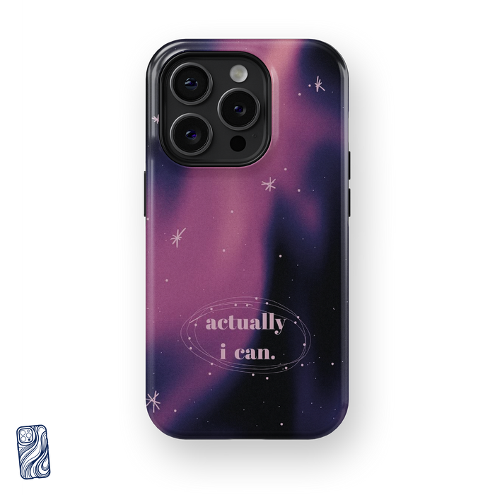 Cosmic Pink Premium iPhone Case featuring dreamy pink and midnight purple gradients, delicate celestial stars, and the affirmation “actually, i can.”